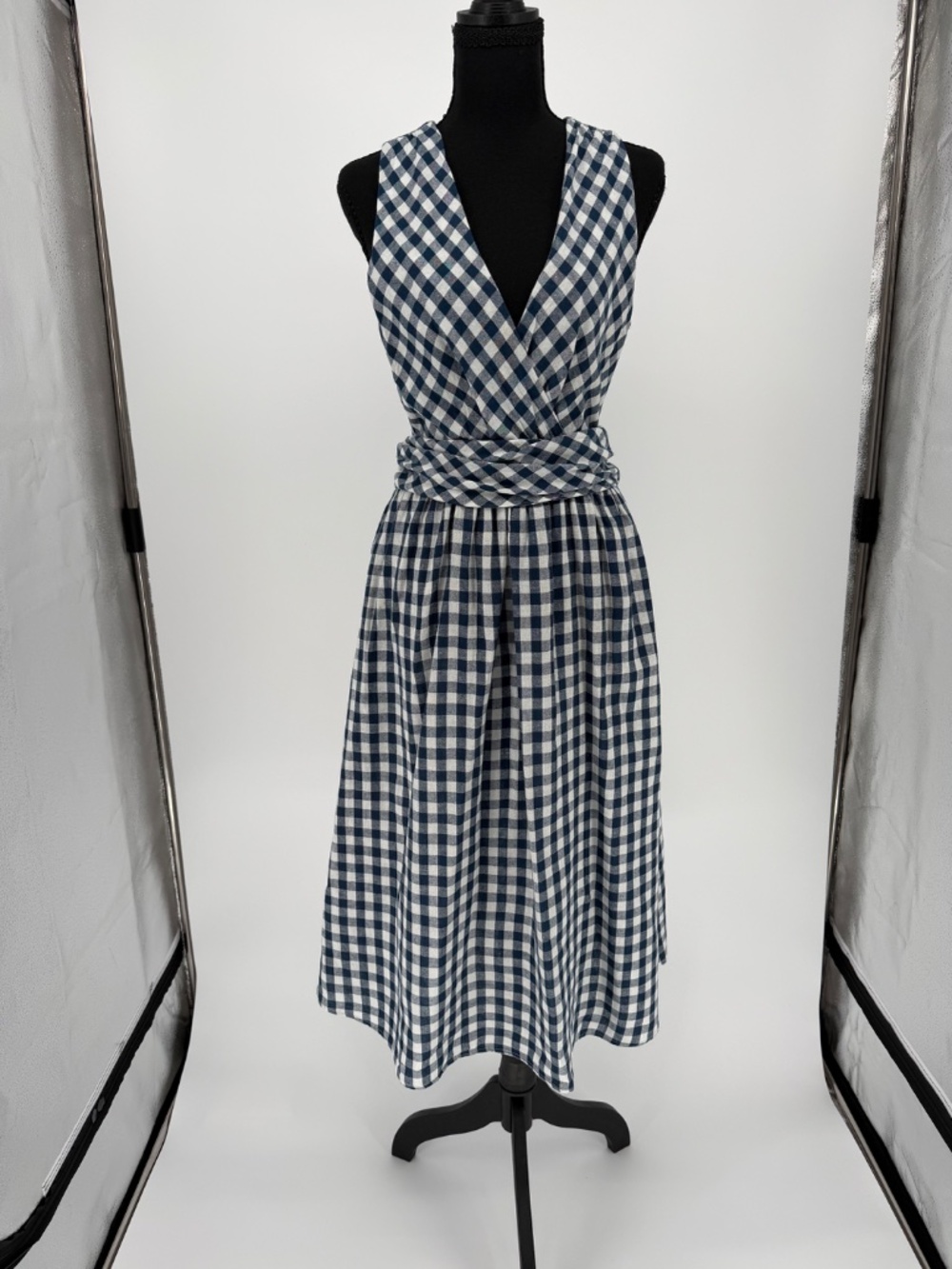 Navy White Gingham V-Neck Crossover Tie Waist Midi Dress with Pockets